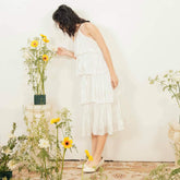 Tiered midi dress in lightweight organza with halter neckline and soft ruffle detailing